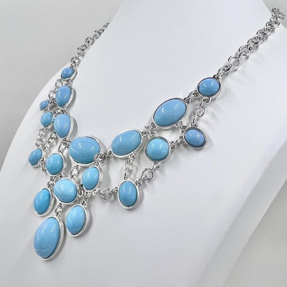 Baby Blue Shiny Silver Tone Small Bib Statement 14” Choker Necklace - Picture 3 of 6